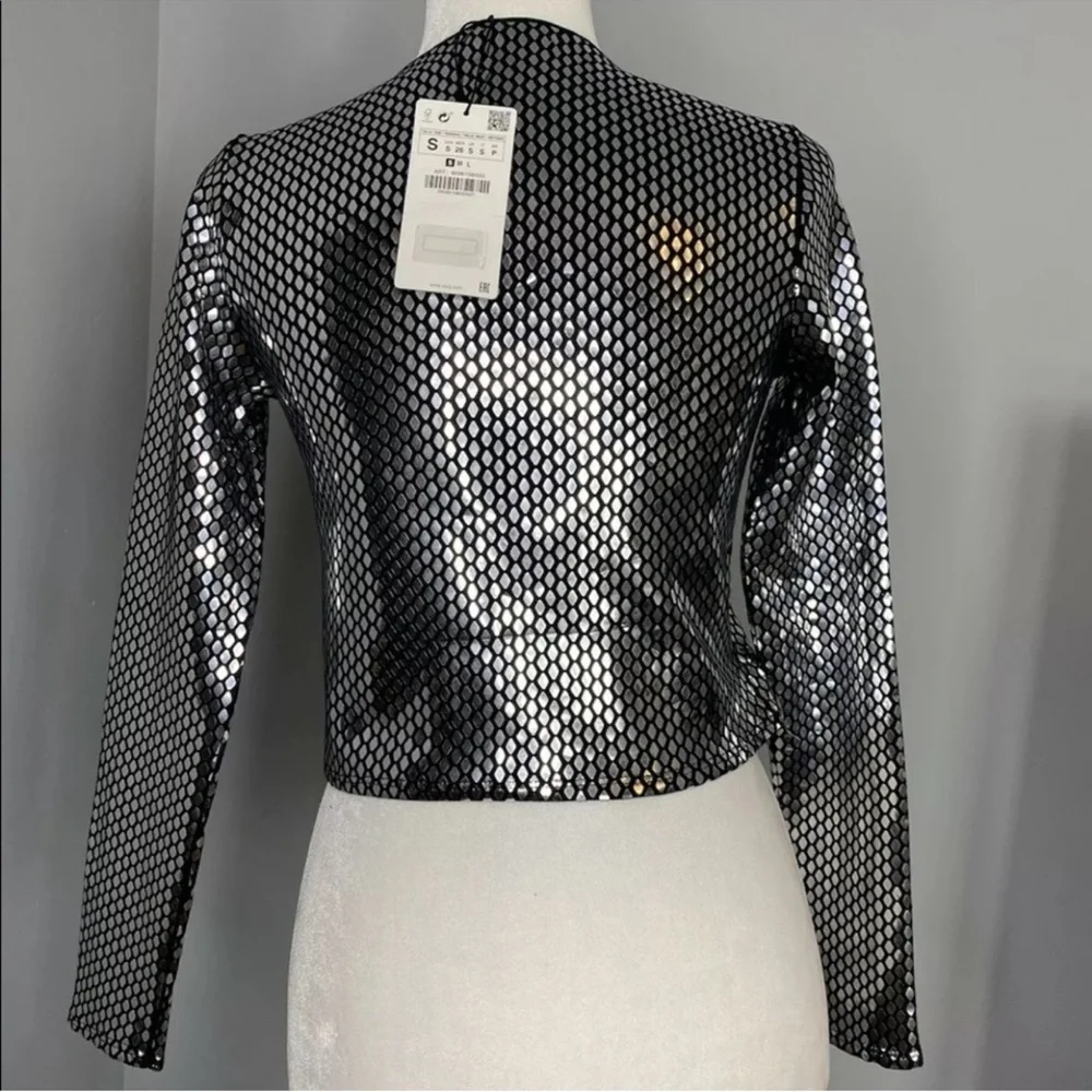 NWT Zara Woman Honeycomb Sweater Metallic Silver Shiny Black Top Size S Small - Picture 6 of 11